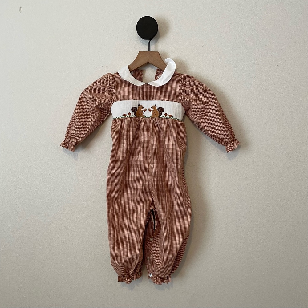 Smocked Squirrel Fall Brown & White Gingham Romper Size 24 Months